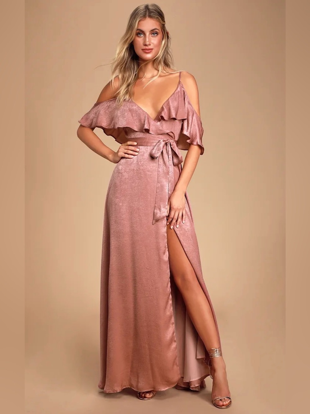 Lulu's Rose Gold Cold-Shoulder Ruffle Wrap Maxi Dress